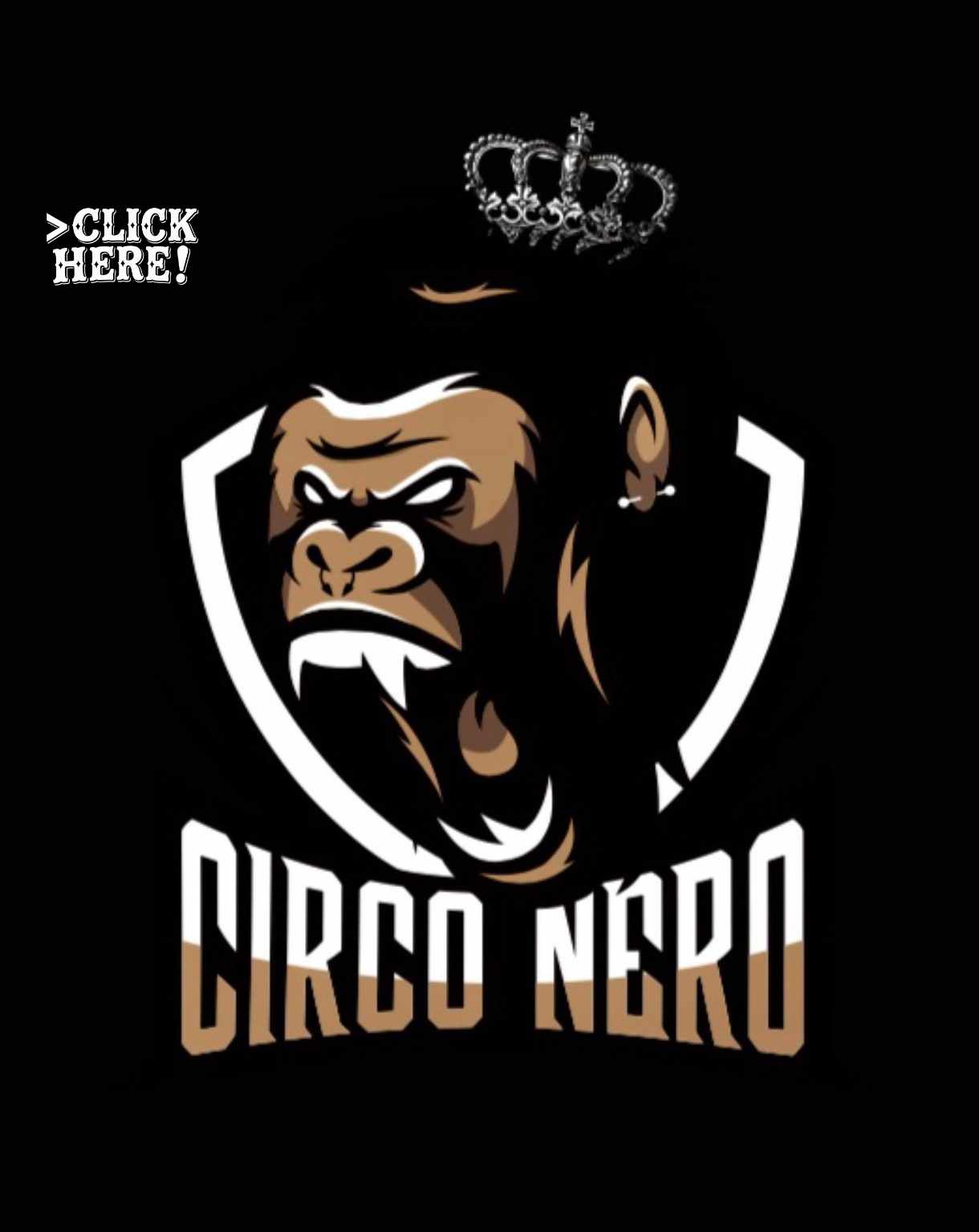Una scimmia urlante molto elegante ma anche arrabbiata con una corona sul capo digrigna i denti e urla CIRCO NERO